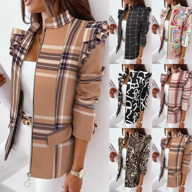 A stylish check leopard print zip ruffle shoulder jacket for women, featuring a double-breasted placket and ruffle shoulder detailing for a polished, office-inspired look.
