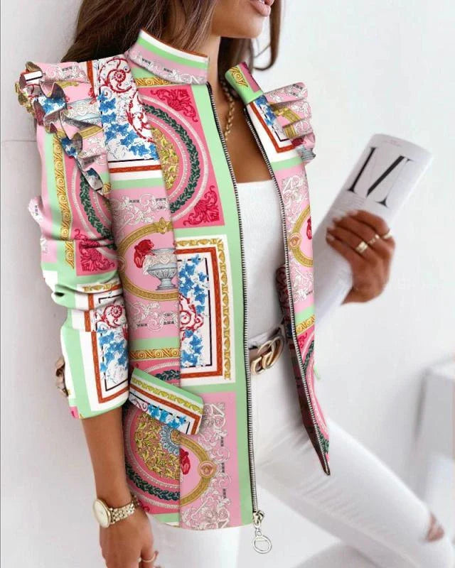 A stylish check leopard print zip ruffle shoulder jacket for women, featuring a double-breasted placket and ruffle shoulder detailing for a polished, office-inspired look.