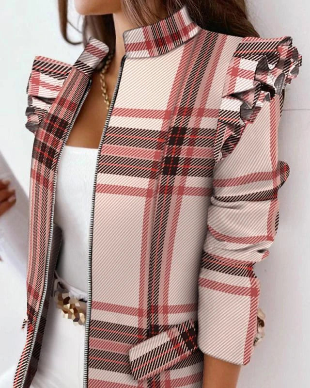 A stylish check leopard print zip ruffle shoulder jacket for women, featuring a double-breasted placket and ruffle shoulder detailing for a polished, office-inspired look.