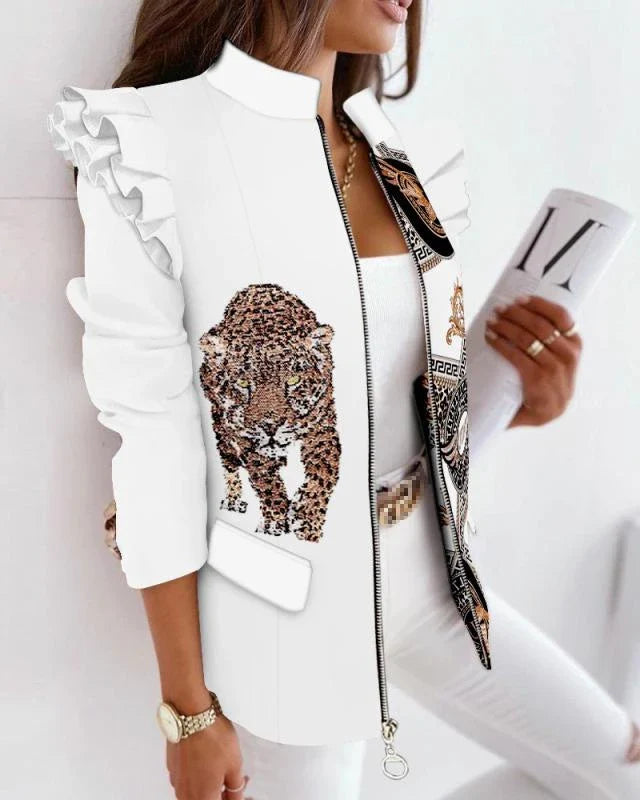 A stylish check leopard print zip ruffle shoulder jacket for women, featuring a double-breasted placket and ruffle shoulder detailing for a polished, office-inspired look.