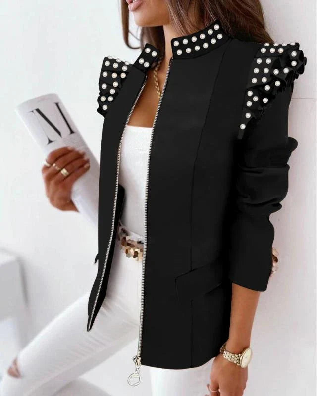 A stylish check leopard print zip ruffle shoulder jacket for women, featuring a double-breasted placket and ruffle shoulder detailing for a polished, office-inspired look.