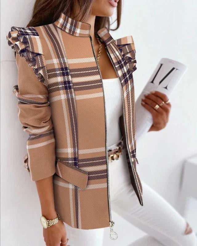 A stylish check leopard print zip ruffle shoulder jacket for women, featuring a double-breasted placket and ruffle shoulder detailing for a polished, office-inspired look.