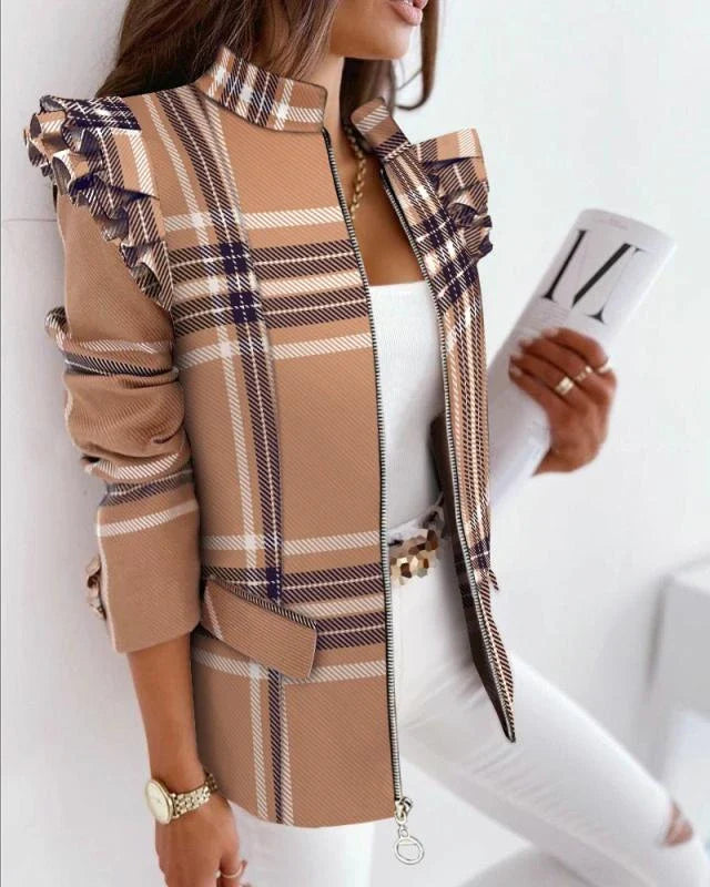 A stylish check leopard print zip ruffle shoulder jacket for women, featuring a double-breasted placket and ruffle shoulder detailing for a polished, office-inspired look.