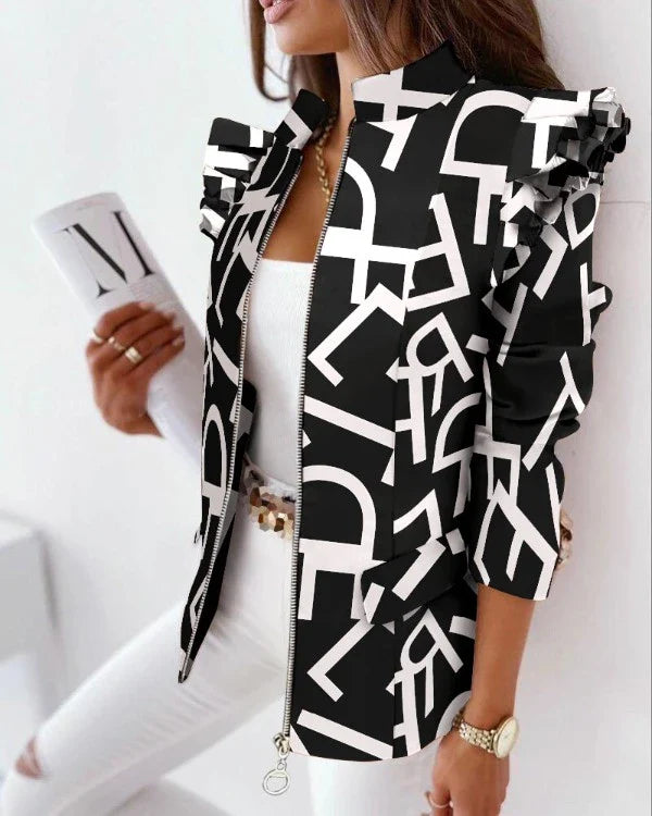 A stylish check leopard print zip ruffle shoulder jacket for women, featuring a double-breasted placket and ruffle shoulder detailing for a polished, office-inspired look.
