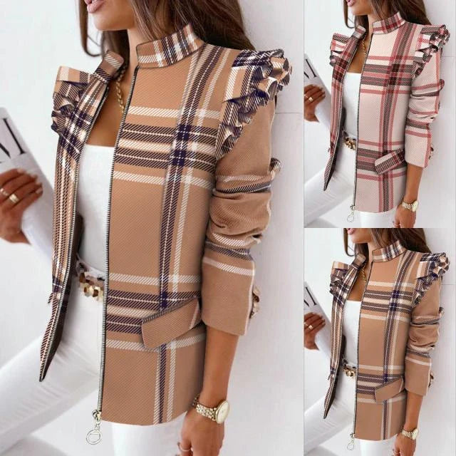 A stylish check leopard print zip ruffle shoulder jacket for women, featuring a double-breasted placket and ruffle shoulder detailing for a polished, office-inspired look.