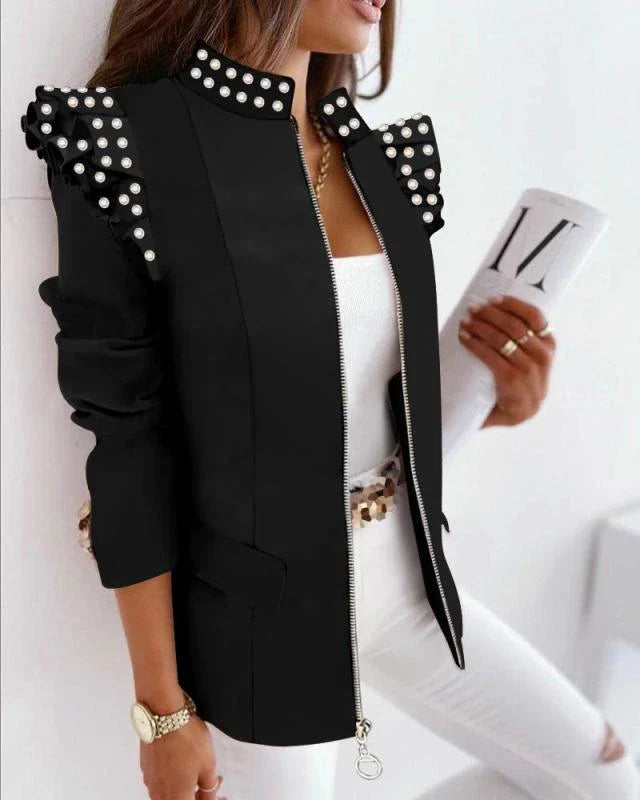 A stylish check leopard print zip ruffle shoulder jacket for women, featuring a double-breasted placket and ruffle shoulder detailing for a polished, office-inspired look.