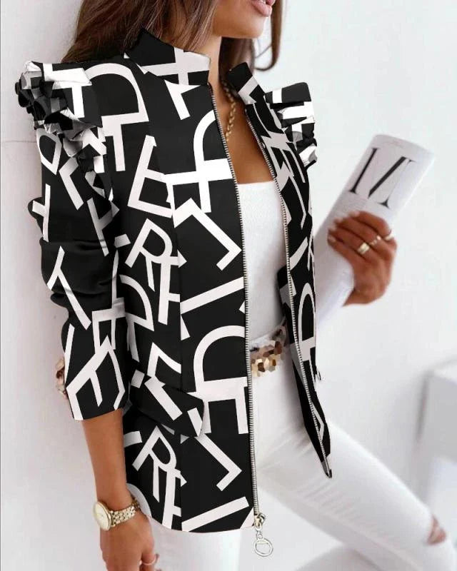 A stylish check leopard print zip ruffle shoulder jacket for women, featuring a double-breasted placket and ruffle shoulder detailing for a polished, office-inspired look.