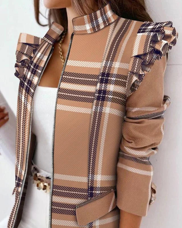 A stylish check leopard print zip ruffle shoulder jacket for women, featuring a double-breasted placket and ruffle shoulder detailing for a polished, office-inspired look.