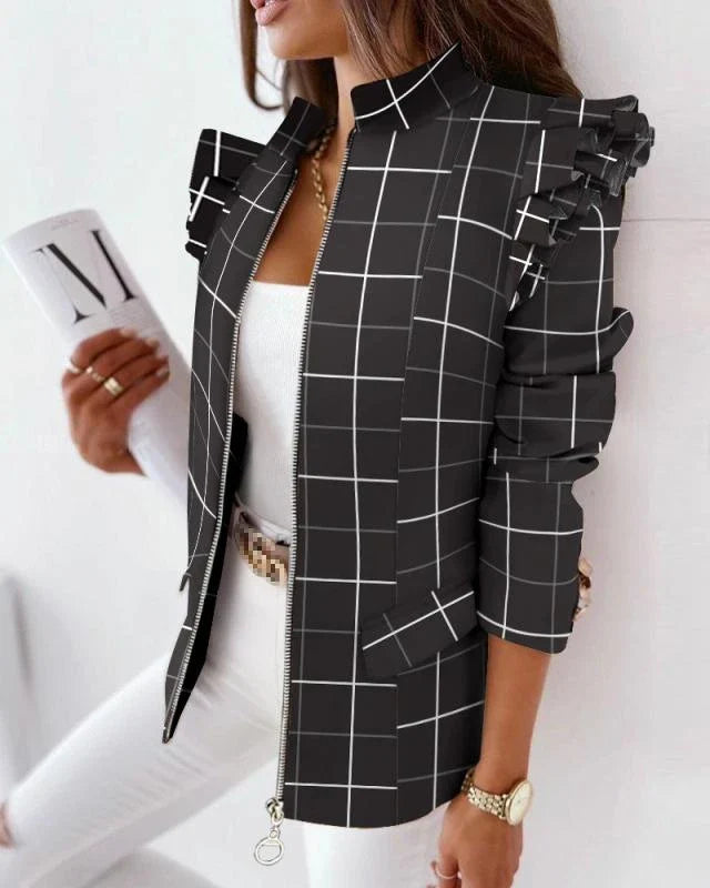 A stylish check leopard print zip ruffle shoulder jacket for women, featuring a double-breasted placket and ruffle shoulder detailing for a polished, office-inspired look.