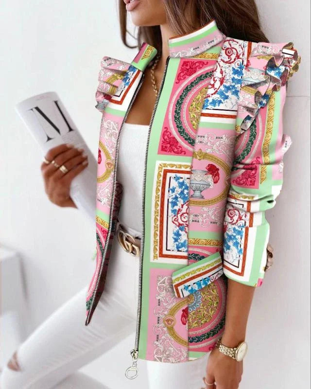 A stylish check leopard print zip ruffle shoulder jacket for women, featuring a double-breasted placket and ruffle shoulder detailing for a polished, office-inspired look.