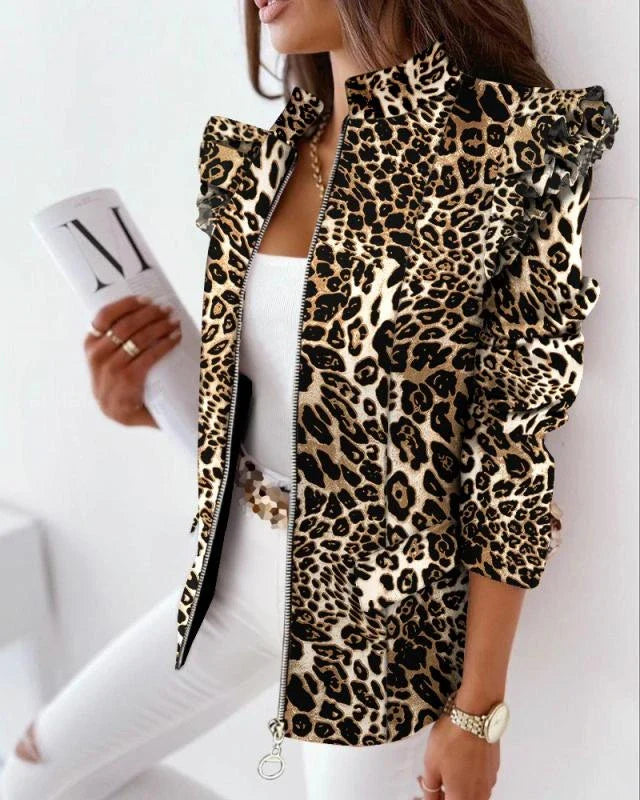 A stylish check leopard print zip ruffle shoulder jacket for women, featuring a double-breasted placket and ruffle shoulder detailing for a polished, office-inspired look.