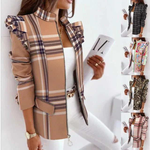 A stylish check leopard print zip ruffle shoulder jacket for women, featuring a double-breasted placket and ruffle shoulder detailing for a polished, office-inspired look.
