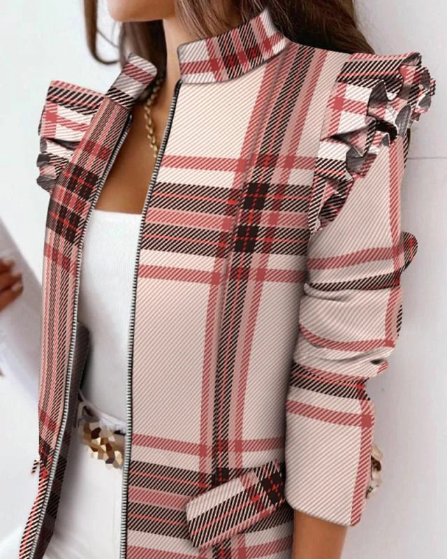 A stylish check leopard print zip ruffle shoulder jacket for women, featuring a double-breasted placket and ruffle shoulder detailing for a polished, office-inspired look.