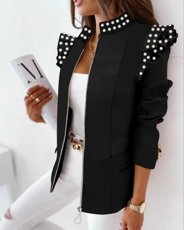 A stylish check leopard print zip ruffle shoulder jacket for women, featuring a double-breasted placket and ruffle shoulder detailing for a polished, office-inspired look.