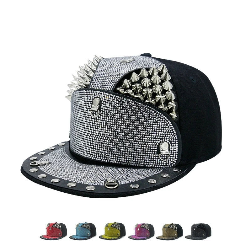Punk Diamond Armour Tip Rivet Hip Hop Flat Brim Hat with a striking diamond-embedded design and adjustable fit