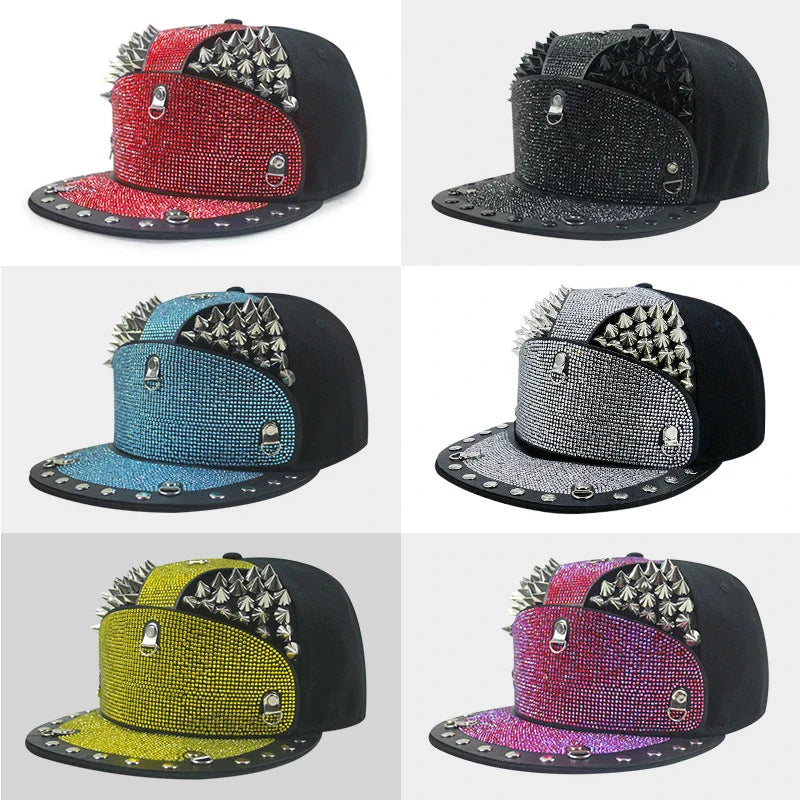 Punk Diamond Armour Tip Rivet Hip Hop Flat Brim Hat with a striking diamond-embedded design and adjustable fit
