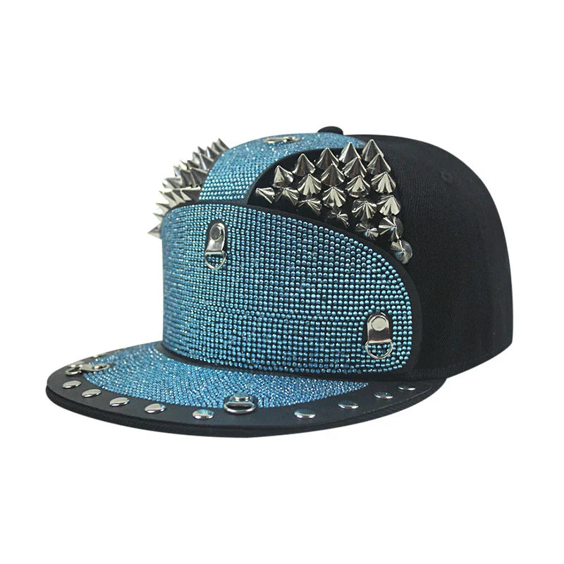 Punk Diamond Armour Tip Rivet Hip Hop Flat Brim Hat with a striking diamond-embedded design and adjustable fit