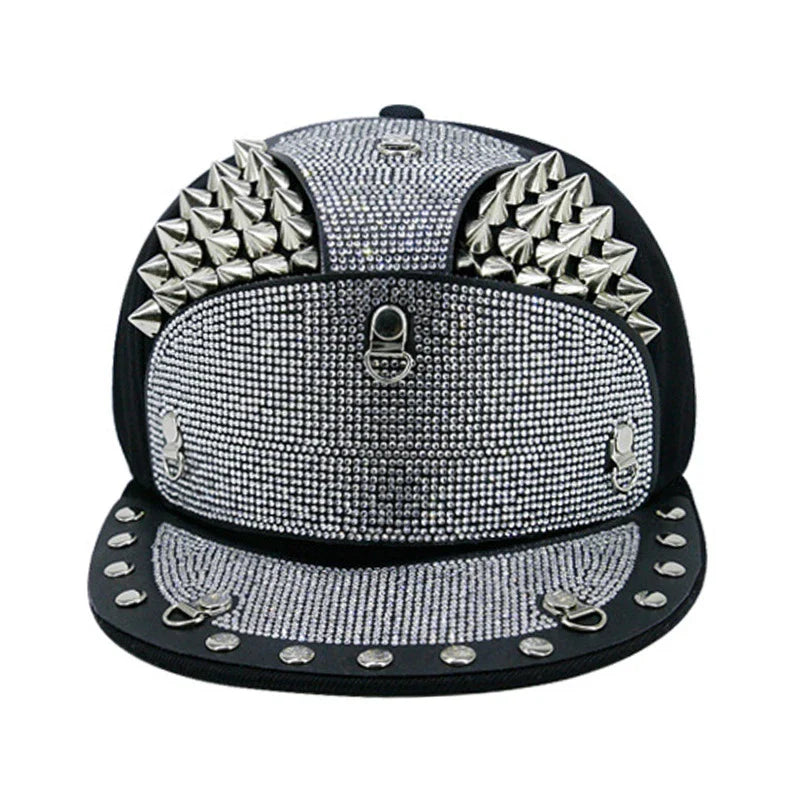 Punk Diamond Armour Tip Rivet Hip Hop Flat Brim Hat with a striking diamond-embedded design and adjustable fit