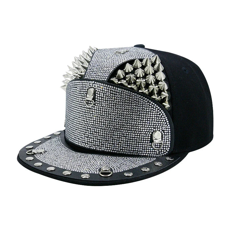 Punk Diamond Armour Tip Rivet Hip Hop Flat Brim Hat with a striking diamond-embedded design and adjustable fit