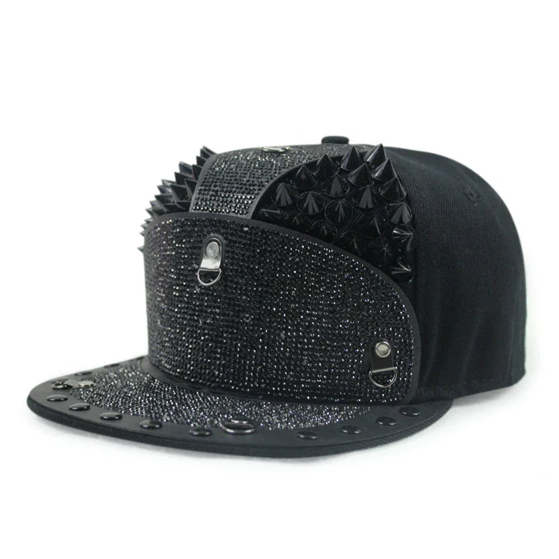 Punk Diamond Armour Tip Rivet Hip Hop Flat Brim Hat with a striking diamond-embedded design and adjustable fit