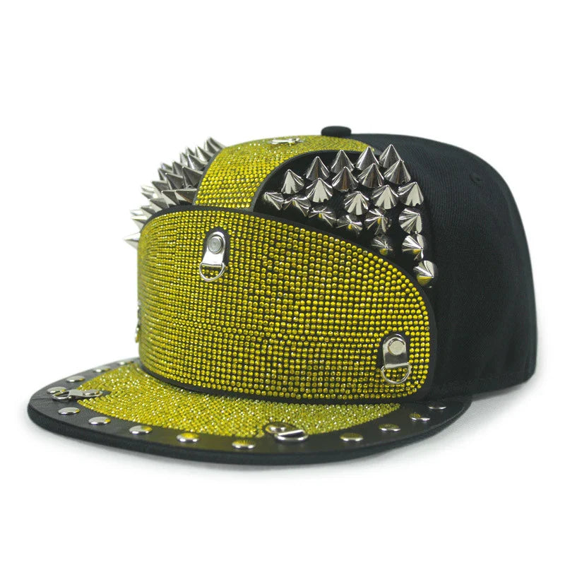 Punk Diamond Armour Tip Rivet Hip Hop Flat Brim Hat with a striking diamond-embedded design and adjustable fit