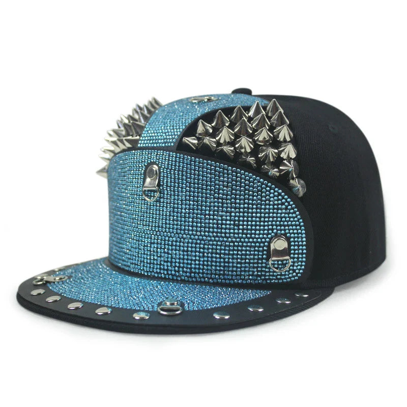 Punk Diamond Armour Tip Rivet Hip Hop Flat Brim Hat with a striking diamond-embedded design and adjustable fit