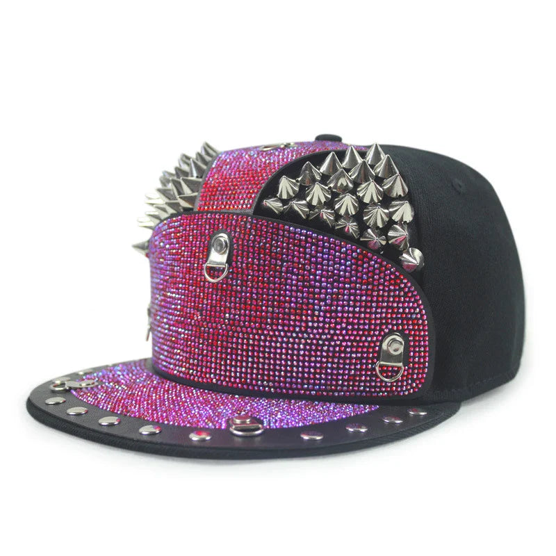 Punk Diamond Armour Tip Rivet Hip Hop Flat Brim Hat with a striking diamond-embedded design and adjustable fit