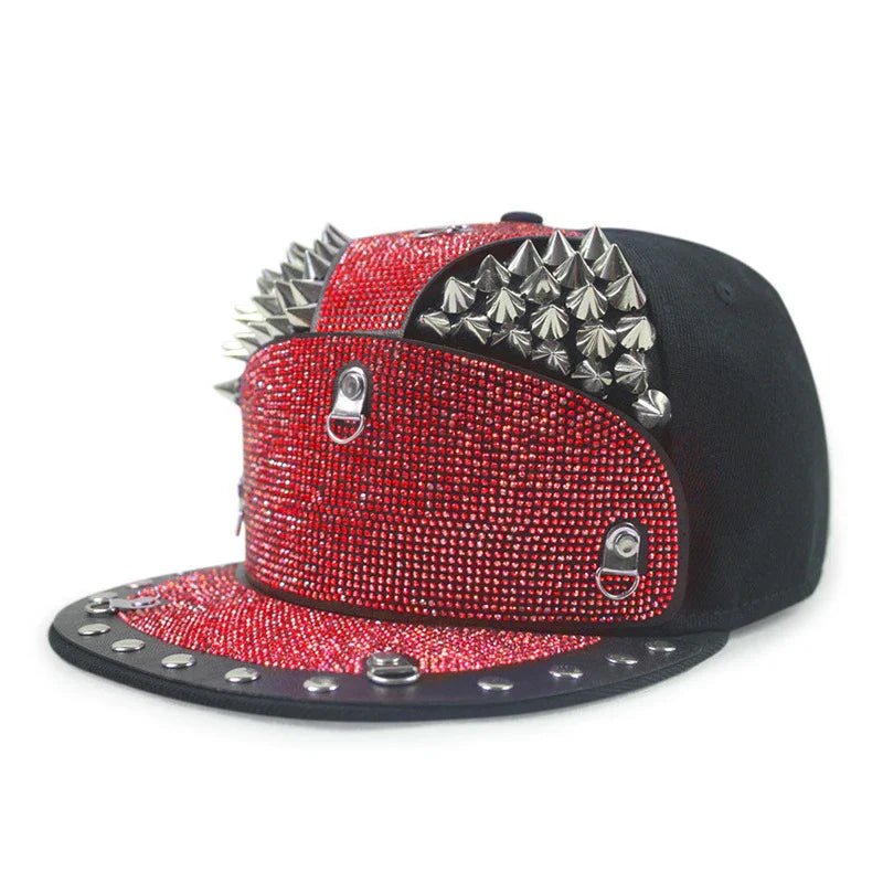 Punk Diamond Armour Tip Rivet Hip Hop Flat Brim Hat with a striking diamond-embedded design and adjustable fit