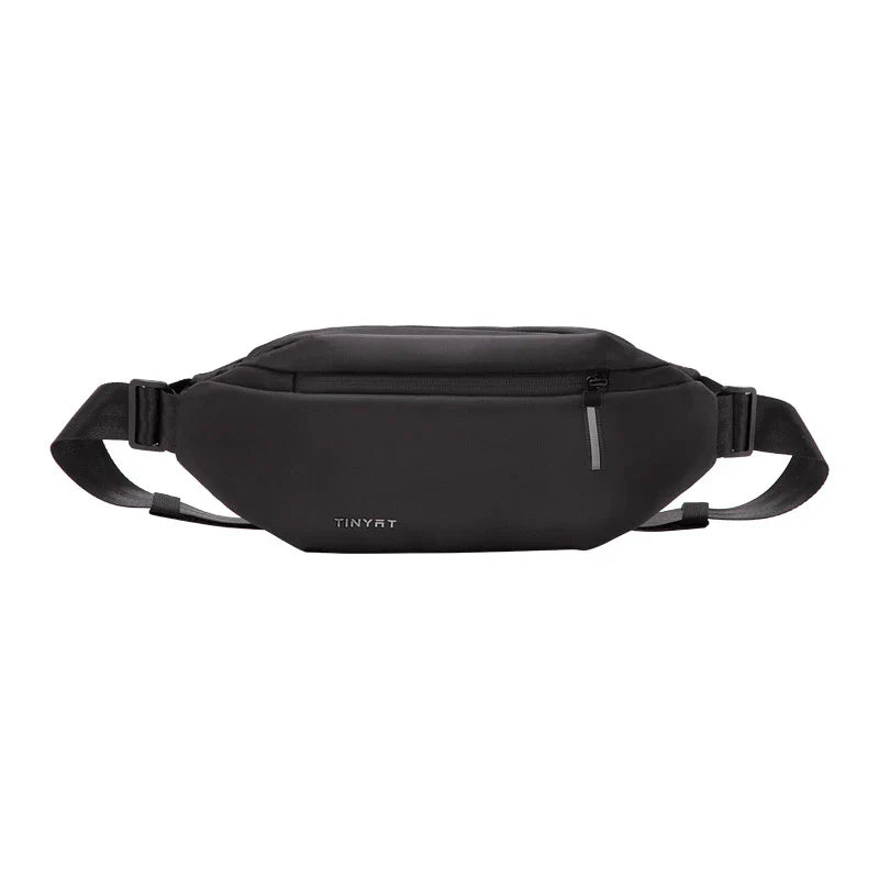 A black nylon crossbody bag with multiple pockets and an adjustable strap, designed for active lifestyles and outdoor adventures.