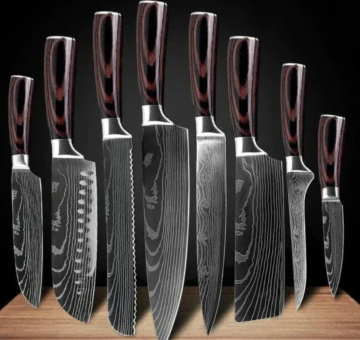 Premium 8-Piece Damascus Steel Kitchen Knife Set with Razor-Sharp Blades and Ergonomic Wooden Handles