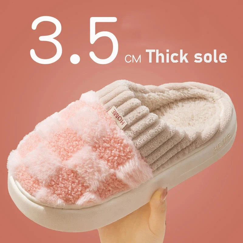 Plaid plush slippers for women with non-slip sole in various colours