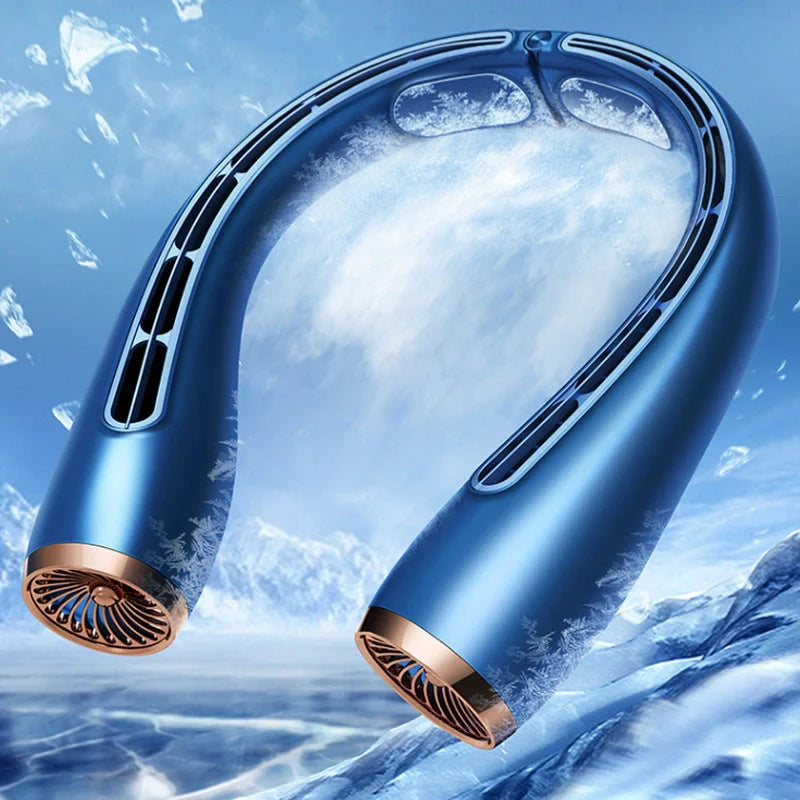 Neck-mounted bladeless fan with imitation aircraft turbine design, dual air outlets, and chilled aluminium sheets for rapid cooling