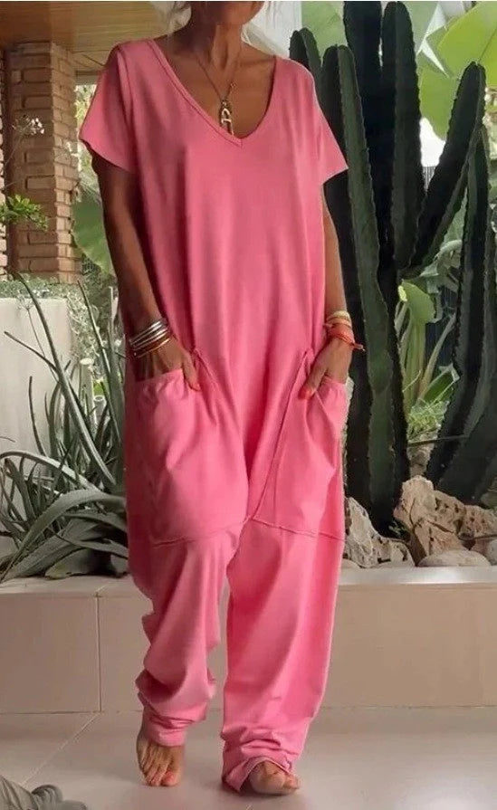 V-neck oversized pocket jumpsuit in solid colours for street fashion