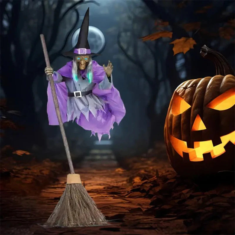 Captivating 6-foot-tall floating witch decoration with lifelike face and dramatic purple skirt, perfect for spooky Halloween displays