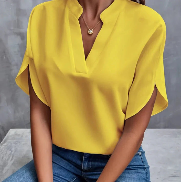 Women's summer short-sleeved chiffon shirt with V-neck design in various colours