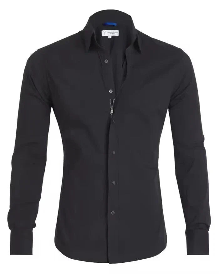 Long sleeve zip-up shirt with button and lapel details in a variety of colors