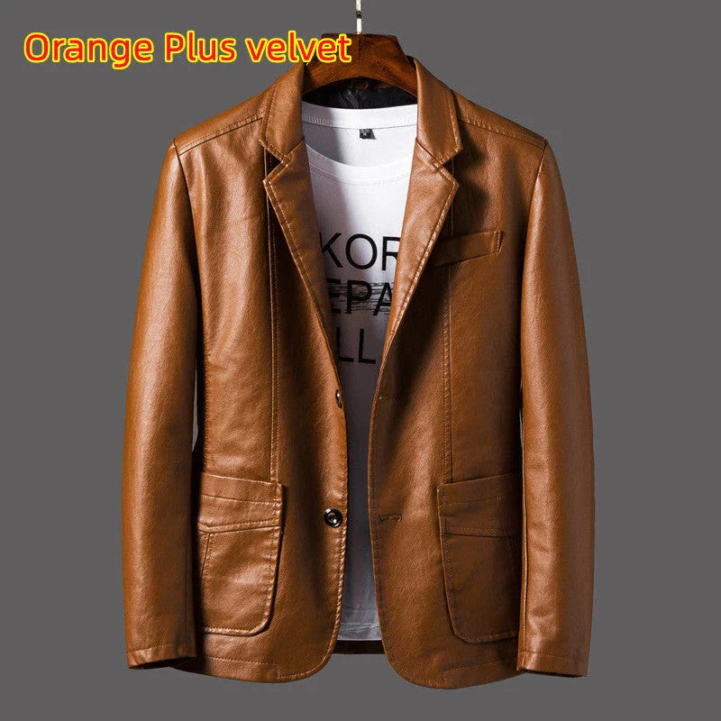 A stylish leather jacket with a unique studded lapel design, perfect for autumn and winter wear.
