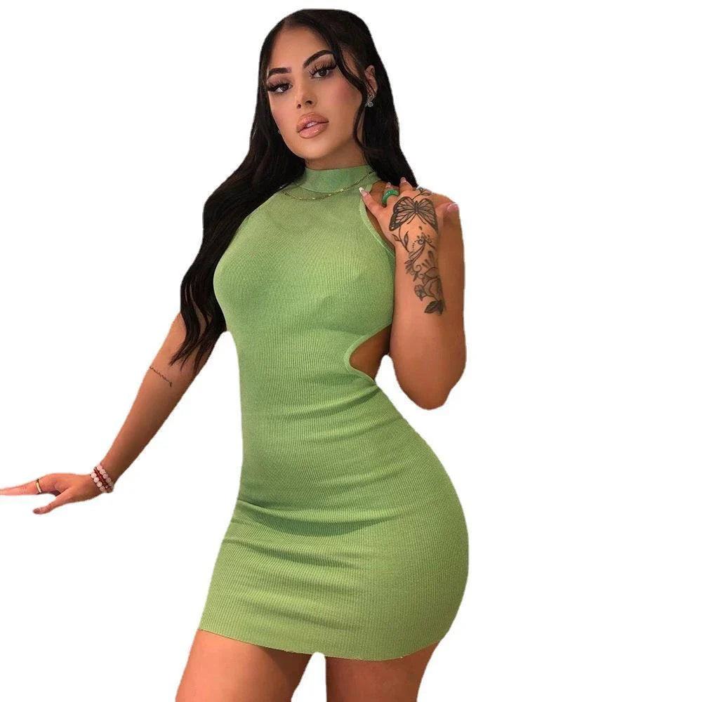 Elegant high neck cocktail dress with unique wrapped back design, available in various colors and sizes