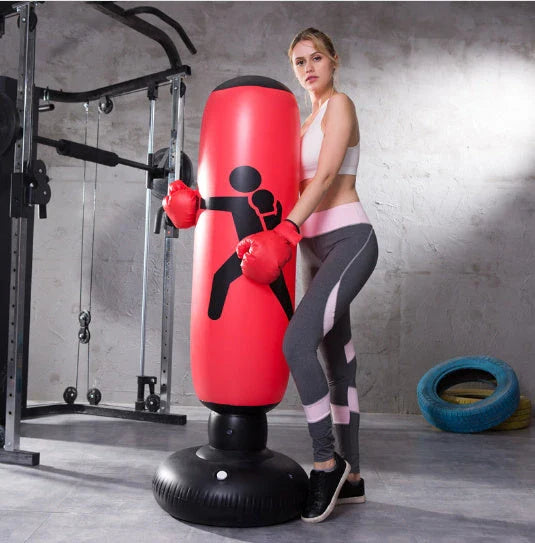 Premium inflatable freestanding boxing punch bag with durable PVC construction, reinforced double-cap seal, and large suction chassis for stable home workouts.