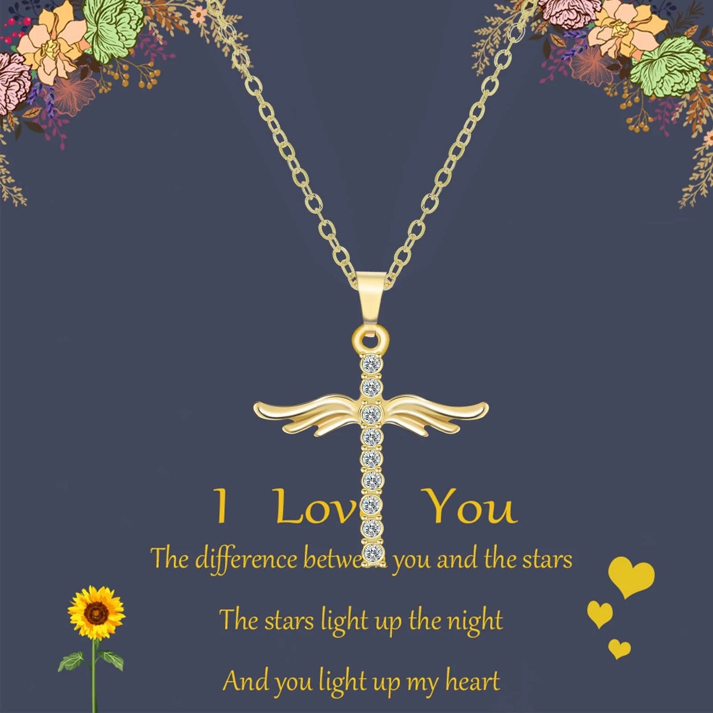 Elegant angel wings cross pendant necklace in silver and gold tones with an adjustable chain