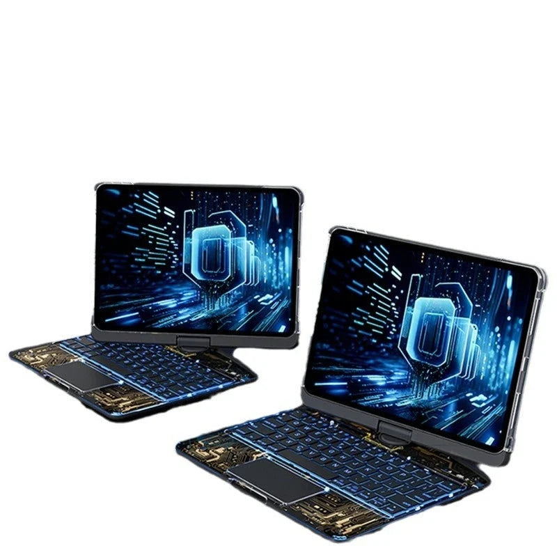 360-degree rotating keyboard case with transparent backplate and built-in Apple Pencil holder for iPad