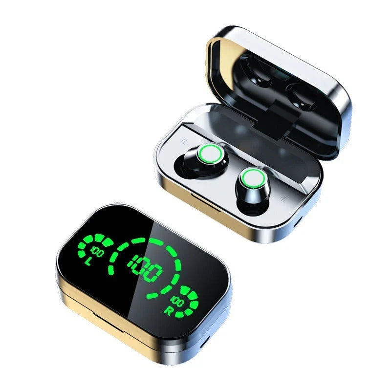 Wireless Bluetooth earbuds with digital display, showing different color and style options