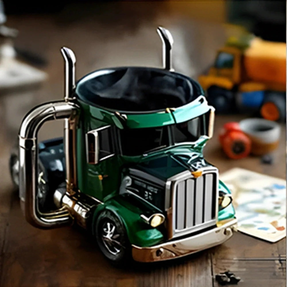 Handcrafted semi-truck shaped coffee mug for truck enthusiasts