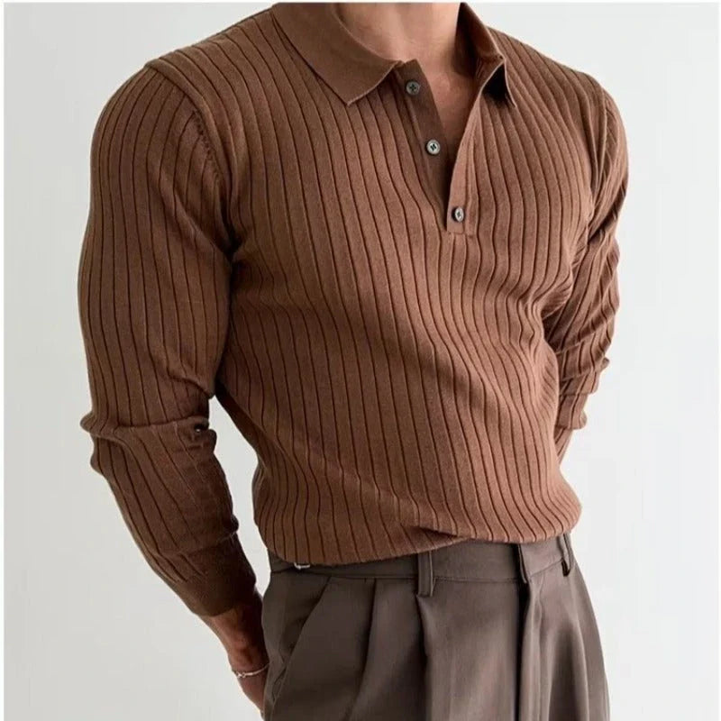 Premium long sleeve polo shirt in classic colors with a tailored slim fit design