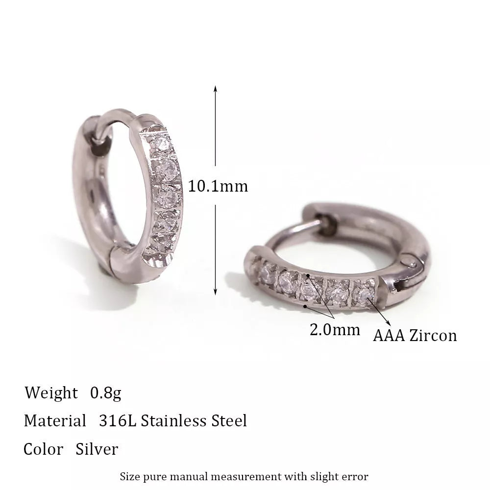 Women's titanium steel rounded edge zircon earrings in gold and steel finishes