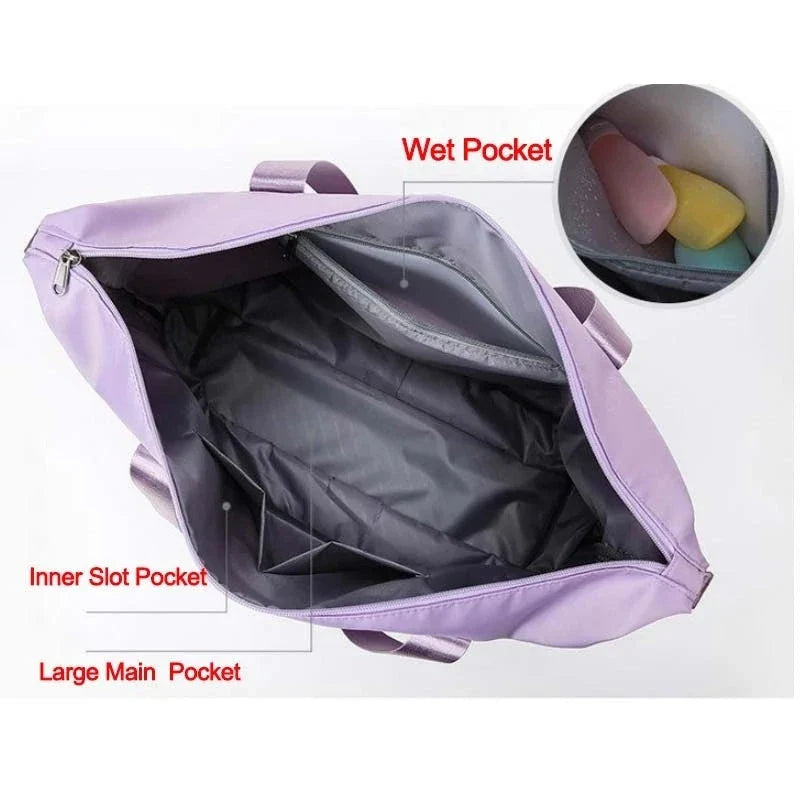 Expandable travel duffel bag with adjustable shoulder strap, multiple interior pockets, and water-resistant Oxford cloth material