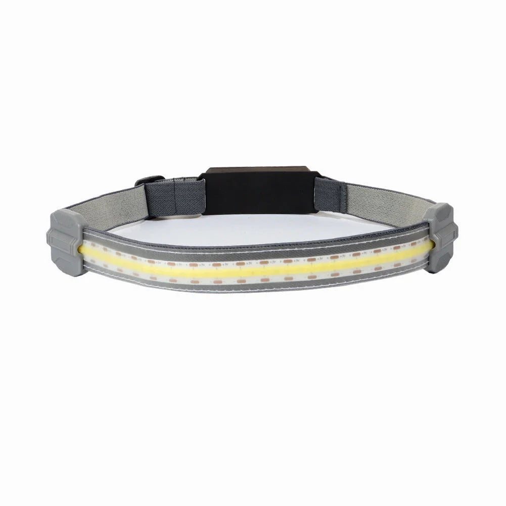 Rechargeable LED headlamp with red safety light, perfect for outdoor activities like cycling, camping, and fishing