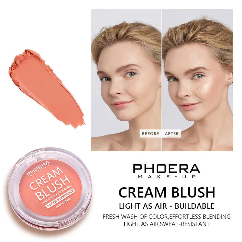 PHOERA Brightening Blush Cream in a variety of vibrant shades, delivering a radiant, healthy-looking glow to the complexion