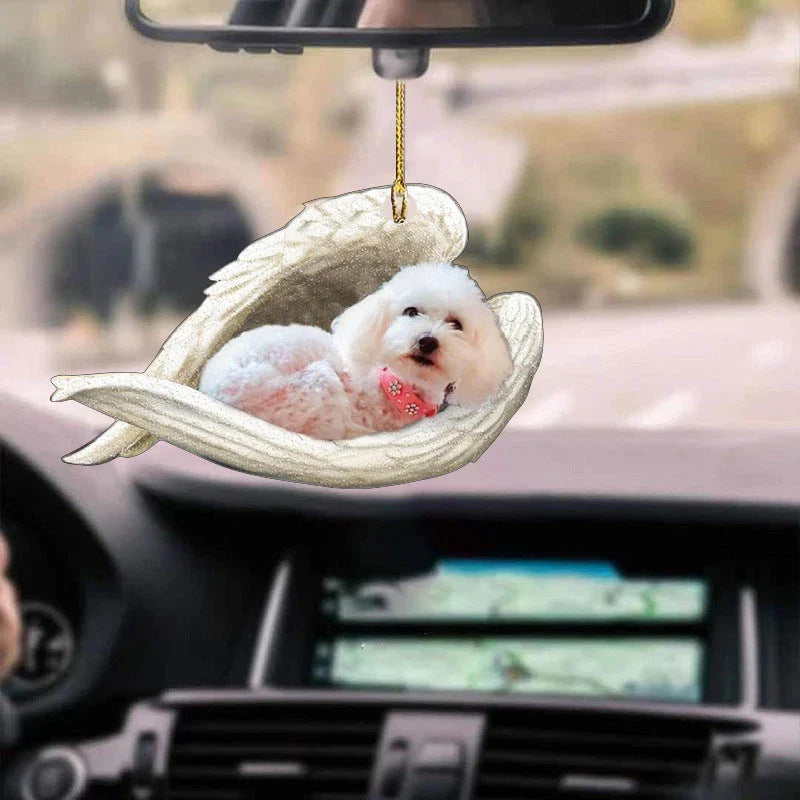 Charming sleeping dog angel acrylic car pendant decoration with a whimsical design