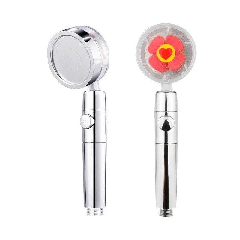 A high-pressure shower head with a stop button, cotton filter, and powerful water pressure for a luxurious bathing experience.